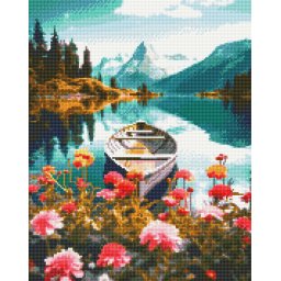 Set goblen cu diamante , cu sasiu, Lac inflorit, 40x50 cm