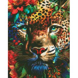 Set goblen cu diamante , cu sasiu, Jaguar in flori, 40x50 cm