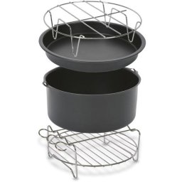 Set 4 accesorii Tefal Easy Fry XL XA112010 pentru friteuza Tefal EY11xx, EY13xx, EY50xx, inox si strat antiaderent, tava pizza, vas copt, gratar friptura, suport frigarui, negru