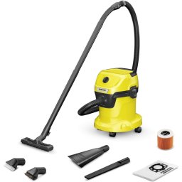 Aspirator umed-scat Karcher WD 3 V-15/4/20 Car, umed si uscat, rezervor de 15 L, furtun de 2 m, 1000 w, functie de suflare, include duza auto, perie de aspirare cu peri moi si peri tari, Galben/Negru
