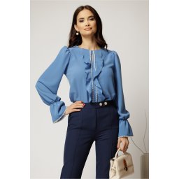 Bluza DY Fashion albastra cu volanase si perle elegante din voal plin