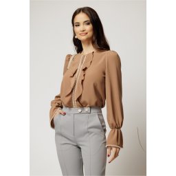 Bluza DY Fashion maro camel cu volanase si perle elegante din voal plin
