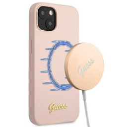 Husa Husa silicon Guess Script Gold Logo MagSafe pentru Apple iPhone 13, culoare roz