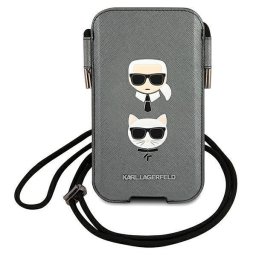 Geanta telefon Karl Lagerfeld Saffiano Ikonik Karl & Choupette Head pentru 6.1 inch, culoare gri