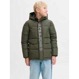 Jack & Jones Geaca PUFFER baieti, cu dubla inchidere, gluga si imprimeu cu logo, Verde (SELECTATI MARIMEA: 176 cm)
