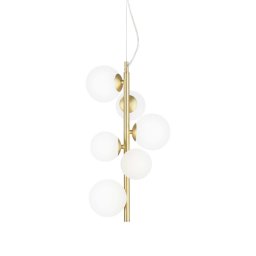 Lustra design Perlage, L:26 cm, 6x4W G9 LED, H min 77 cm/ max 252 cm, metal alamă, sticlă albă