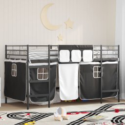 Pat loft pentru copii metalic negru cu perdele, 90x190 cm