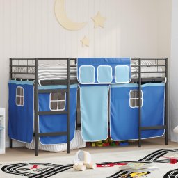 Pat loft pentru copii 90x190 cm, metalic, cu perdele, negru/albastru