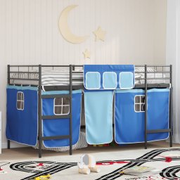 Pat loft pentru copii metalic cu perdele, negru-albastru, 90x190 cm