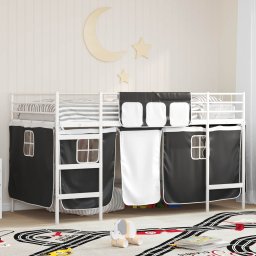 Pat loft pentru copii metalic alb-negru cu perdele, 90x190 cm