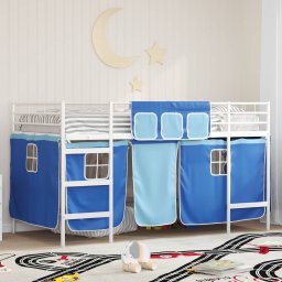Pat loft pentru copii cu perdele, metalic, alb si albastru, 90x190 cm