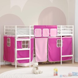 Pat loft pentru copii cu perdele, metalic, alb si roz, 75x190 cm