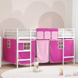 Pat loft pentru copii, metalic, alb si roz, 90x190 cm, cu perdele