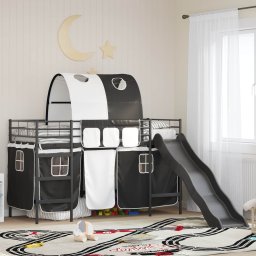 Pat loft pentru copii cu tobogan si perdele, negru, 90 x 190 cm
