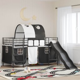 Pat loft pentru copii cu tobogan si perdele, metal, negru, 90x190 cm