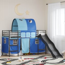 Pat loft pentru copii cu tobogan si perdele, 75x190 cm, negru/albastru