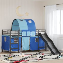 Pat supraetajat pentru copii cu tobogan si perdele, negru/albastru, 80x200 cm
