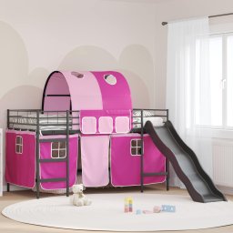Pat loft pentru copii cu tobogan si perdele, metal, roz-negru, 80x200 cm