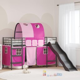 Pat loft pentru copii cu tobogan si perdele, roz-negru, 100x190 cm
