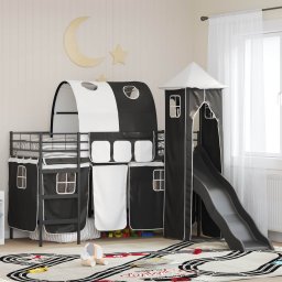 Cadru de pat înalt pentru copii cu perdele, arc, tobogan, turn GartenMobel Dekor