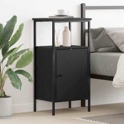 Noptiera stejar negru 41x31x80 cm cu raft si dulap, lemn compozit