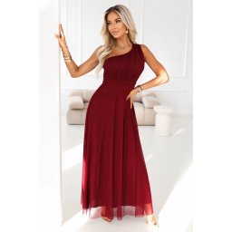 Rochie lungă, strălucitoare, cu un singur umăr - vișiniu