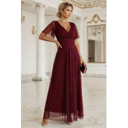 Rochie lungă strălucitoare cu decolteu - vișiniu