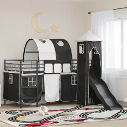 Cadru de pat înalt pentru copii cu perdele, arc, tobogan, turn GartenMobel Dekor