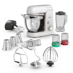 Robot de bucatarie Tefal Bake Partner QB525B38, 1100W, capacitate vas 4.6L, 8 trepte de viteza, functie Pulse, capacitate blender 1.5L, rasnita, tocator de carne, tel, accesoriu incorporare, carlig aluaturi grele, inox, gri