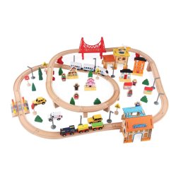 Circuit trenulet cu sine si peisaj, 108 piese din lemn, 2 trenulete, din lemn