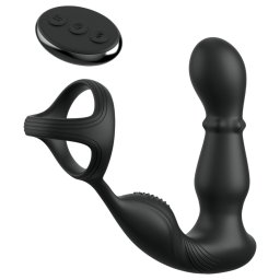 Anal Fantasy - vibrator anal cu cap rotativ și inel pentru penis - negru
