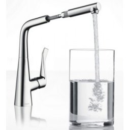 Baterie bucatarie Hansgrohe gama Metris 320, cu cap retractabil, crom
