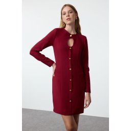 Trendyol Claret Red Plain Mini Straight Cut Button Detailed Crew Neck Mini Woven Dress