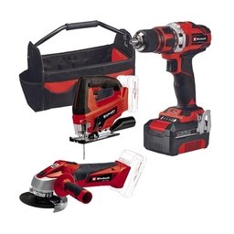 Pachet Einhell - TE-TK 18/3 Li Kit (JS+CD+AG) PXC - Masina de gaurit si insurubat, 18 V, 40 Nm + Polizor unghiular, 18 V, 115 mm + Fierastrau pendular, 18 V, 1 acumulator, Li-Ion, 18 V, 4 Ah, geanta textila, accesorii