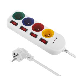 Prelungitor 4 prize Maclean MCE508 W, intrare USB A / C, 250VAC/10A, 1.5m, alb