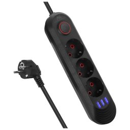 Prelungitor 3 prize + 3xUSB, 110-240V AC 50/60Hz, 2.1A max 2500W, 1.5m, negru, MCE394 B