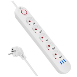 Prelungitor 5 prize + 3xUSB, 110-240V AC 50/60Hz, 2.1A max 2500W, 1.5m, alb, MCE395 W