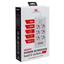 Prelungitor 6 prize + 4xUSB, 110-240V AC 50/60Hz, 2.1A max 2500W, 3m, Alb, MCE391W