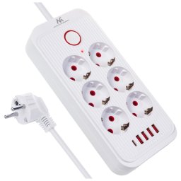 Prelungitor 6 prize + 4xUSB, 110-240V AC 50/60Hz, 2.1A max 2500W, 1.5 m, alb, MCE389 W