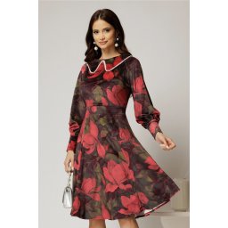 Rochie DY Fashion din catifea cu print rosu si perle la guler