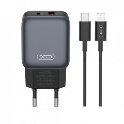 Incarcator priza USB-A + USB-C 30W + cablu USB type C-Lightning GaN Nitride Negru, XO L156
