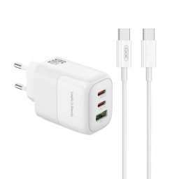 Incarcator priza USB-A + 2 x USB-C 65W + cablu USB C-C GaN Nitride Alb, XO L139
