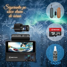 Pachet Cadou Craciun REDTIGER VP20 2.5K+2.5K+1080P, WiFi, Night Vision, ecran tactil, 530°, GPS