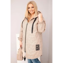 Kesi Włoski Plus Size women's quilted jacket with a hood and the inscription HOPE dark beige