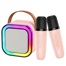 Set karaoke cu difuzor și 2 microfoane, efecte vocale, Bluetooth 5.3, LED, Gonga® Roz