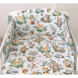 Set lenjerie din bumbac cu protectie laterala pentru pat bebe 120 x 60 cm, animalute de padure, amy
