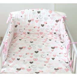 Set lenjerie din bumbac cu protectie laterala pentru pat bebe 120 x 60 cm, inimioare , amy