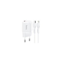 Incarcator Retea HOCO N10, Quick Charge, 20W, 1 X USB Tip-C, cu cablu USB-C la lightning pentru Apple Iphone 11 / 12 / 13 / 14, 1m, Alb, Blister