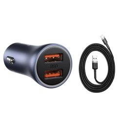 Incarcator auto, Baseus Golden Contactor Pro, Quick Charger, 2 x USB, 12V-24V, 40W, Gri, + Cablu Baseus USB la Lightning, 0.5 m, 2.4A, Negru pentru Iphone 11 / 12 / 13 / 14