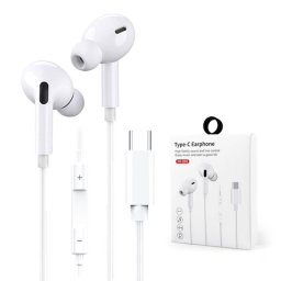 Casti audio In-Ear cu microfon, Comenzi pe fir pentru apeluri / volum, Plug & Play, Hi-Fi Sunet, Rezistente la apa, Mufa USB-C, 1.2 m, Albe, Blister